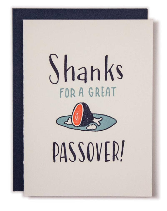 Passover Holiday Greeting Card -- it reads "Shanks for a great Passover!" with an image of a shank on a plate 