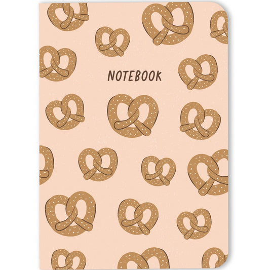 pink, blank pocket notebook designed with pretzels on the front 