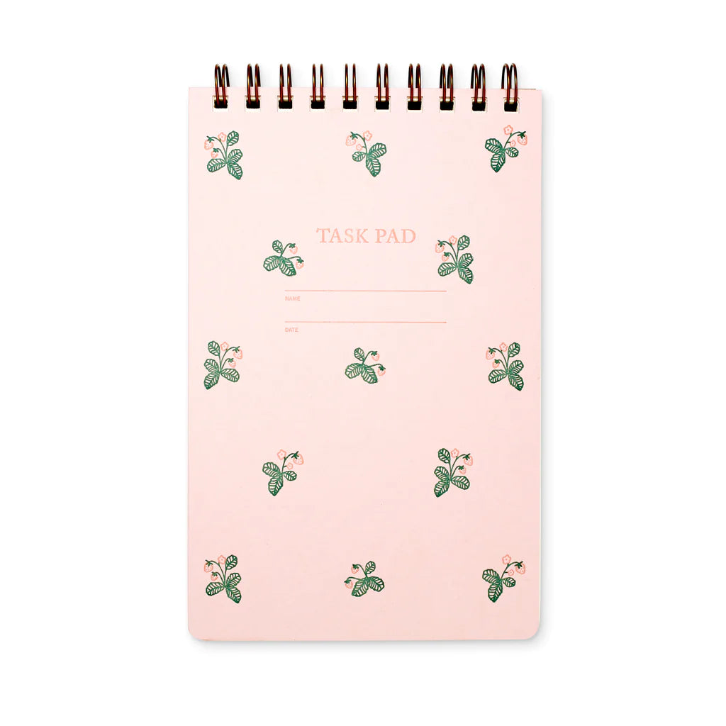 Pink, spiral bound task pad by Shorthand Press with strawberries on it 