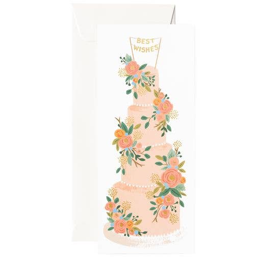 long wedding card with a 4 tier cake on it and cake topper banner reads "Best Wishes" 